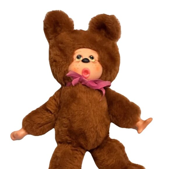 Vintage 1974 Monchhichi Female Thumb-Sucker Doll Pink Bow Japan 15" Plush - Picture 4 of 7